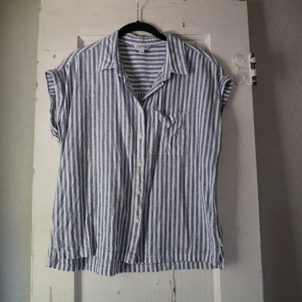 Orvis Striped Linen Rayon Blend Short Sleeve Button Down Shirt S